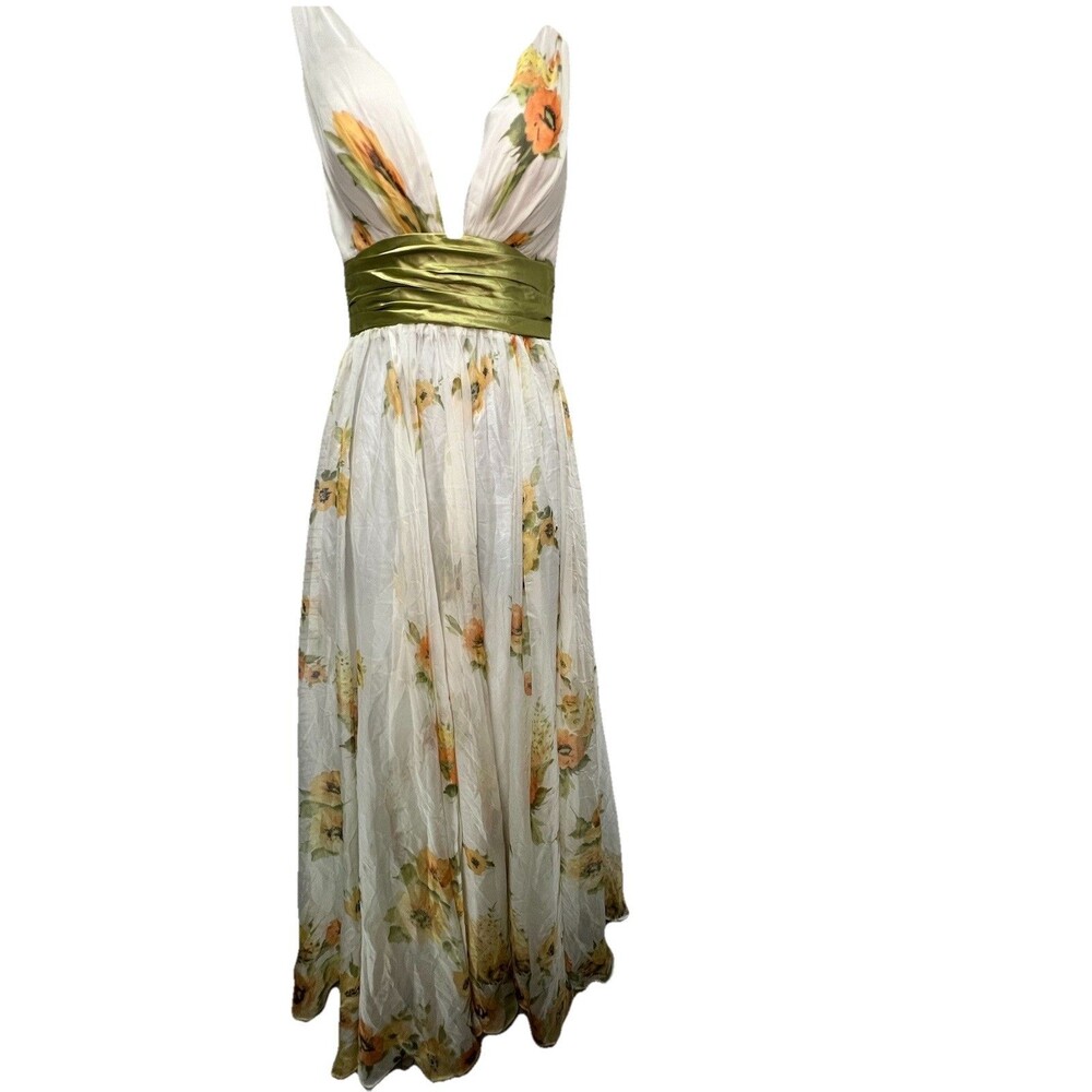 Floral Maxi Dress White Green Waist Halter V Neck Size S NWT Ethereal Romantic